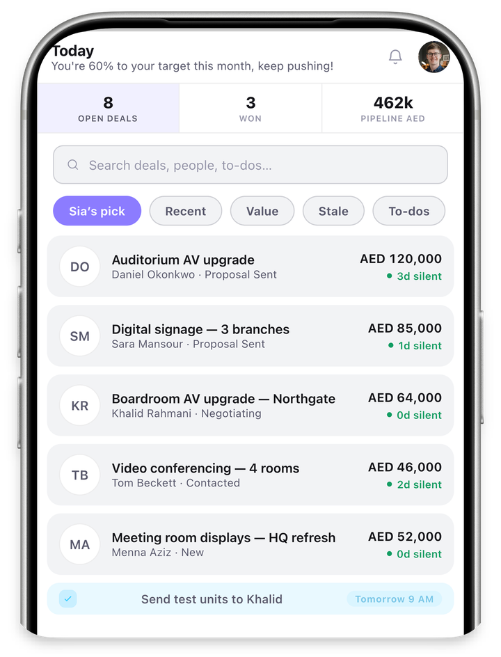 Reventore Today screen: open deals, pipeline value and Sia's picks