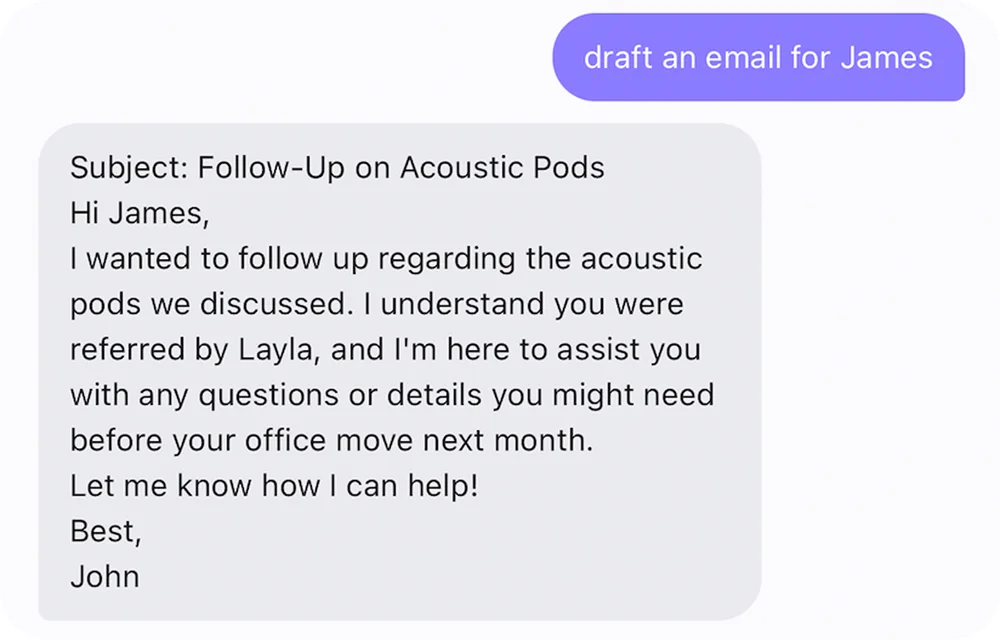 Sia drafting a follow-up email for James, ready to copy-paste