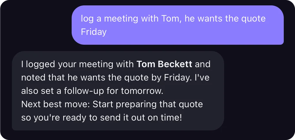 Sia logging a meeting with Tom Beckett from one text and setting the follow-up