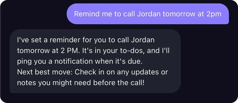 Sia confirming a 2 PM reminder for Jordan with a heads-up to check the notes first